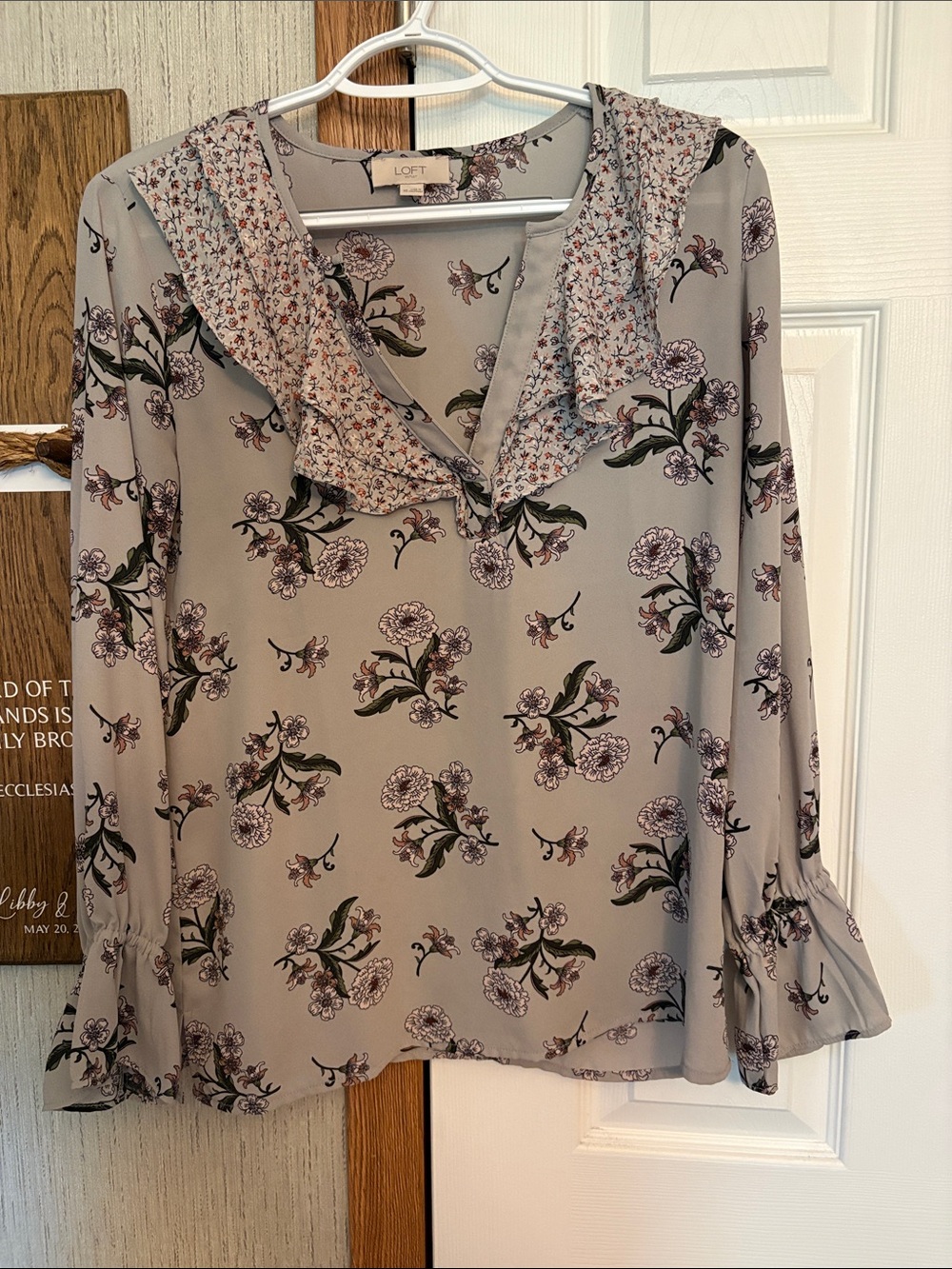 LOFT Light Gray Floral Ruffle V-Neck Blouse